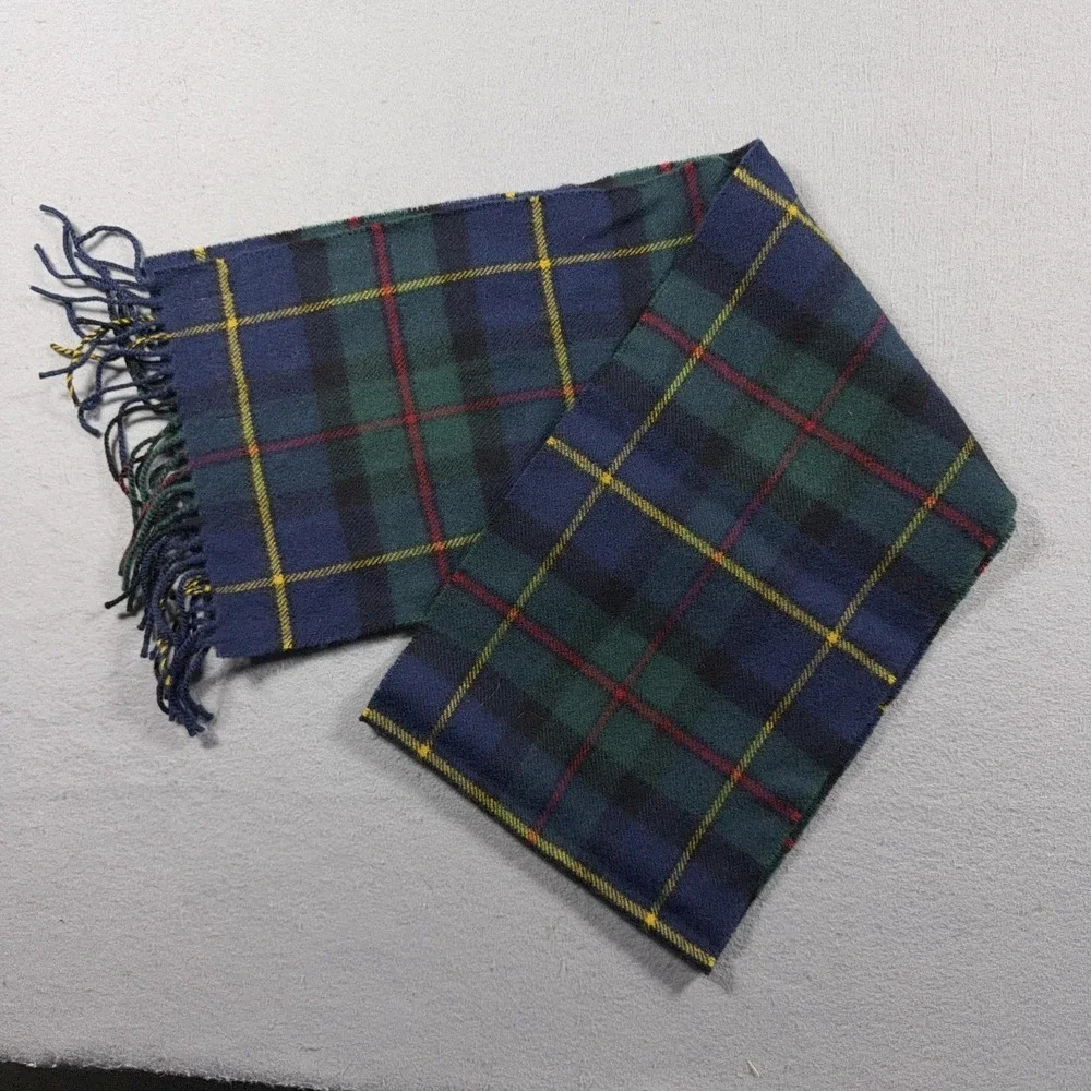 Lochcarron Of Scotland Scarf Mens One Size Blue Plaid Lambswool Fringe Winter